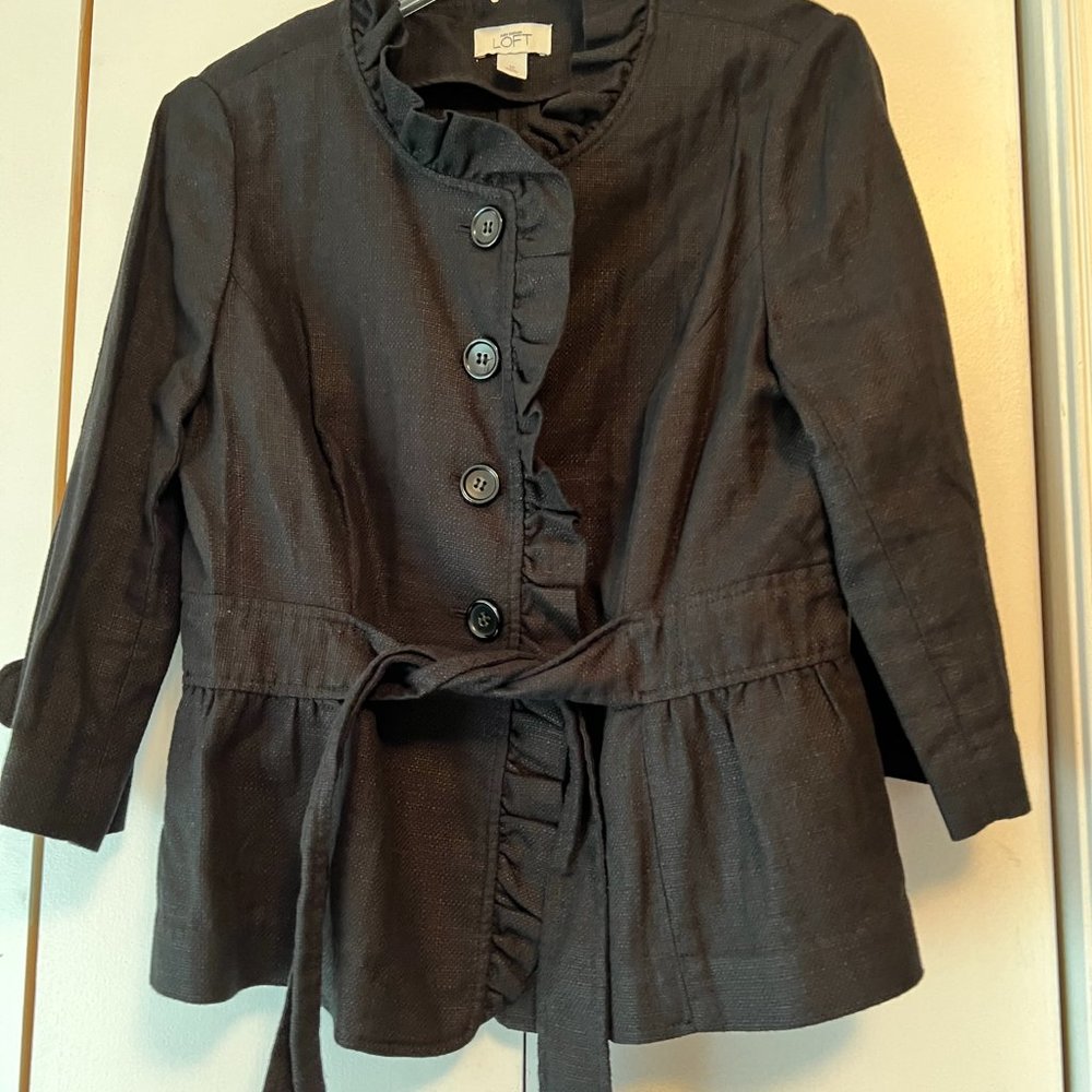 Loft Black Linen Ruffle Neck Tie Jacket - 10